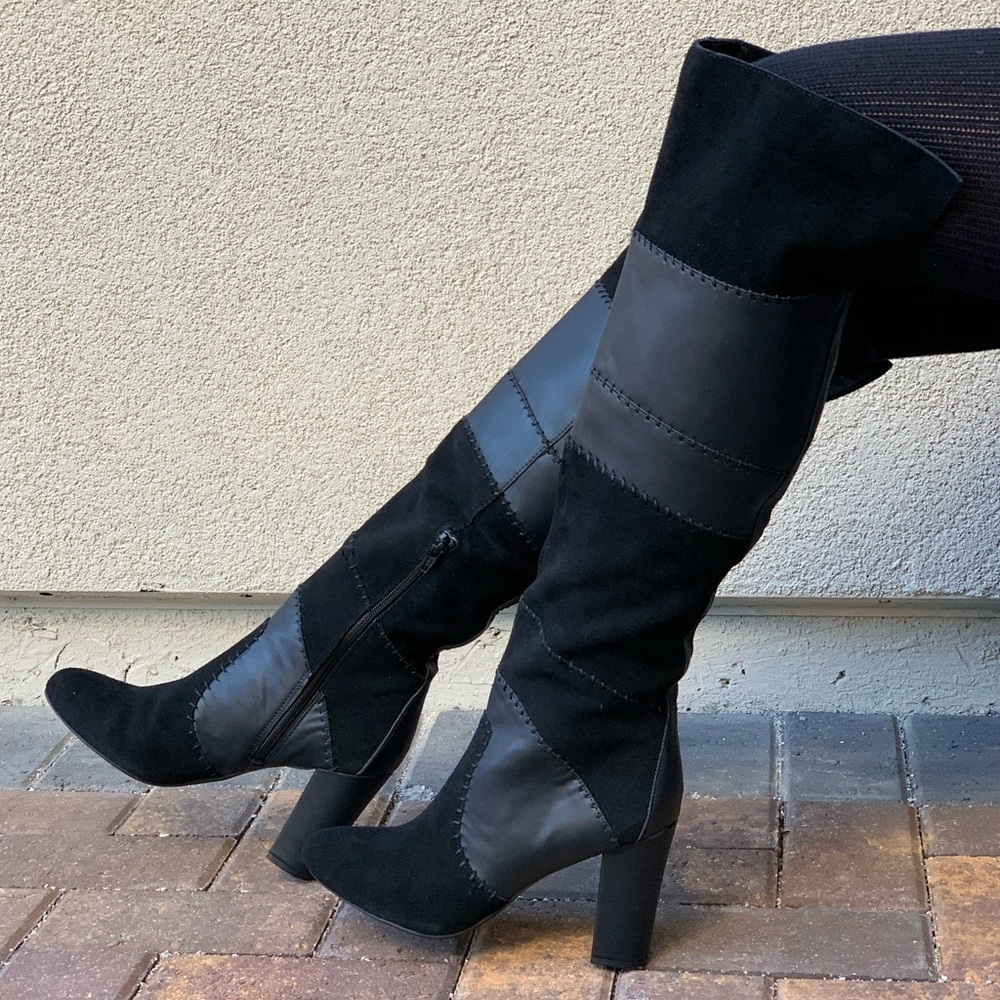 Quilt Patchwork Over The Knee Block Heel Boots - Picture 7 of 8